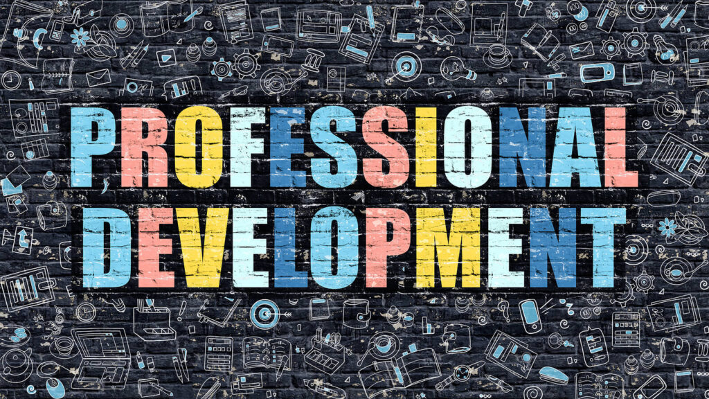 professional development | therapist ceu | ceus for therapists | ceus for counselors | Texas | Michigan | Utah "Professional development" on a black brick wall & tiny white icons surrounding. Discover why professional development is important for counselors & therapists by reading our blog. Get started with our courses today!